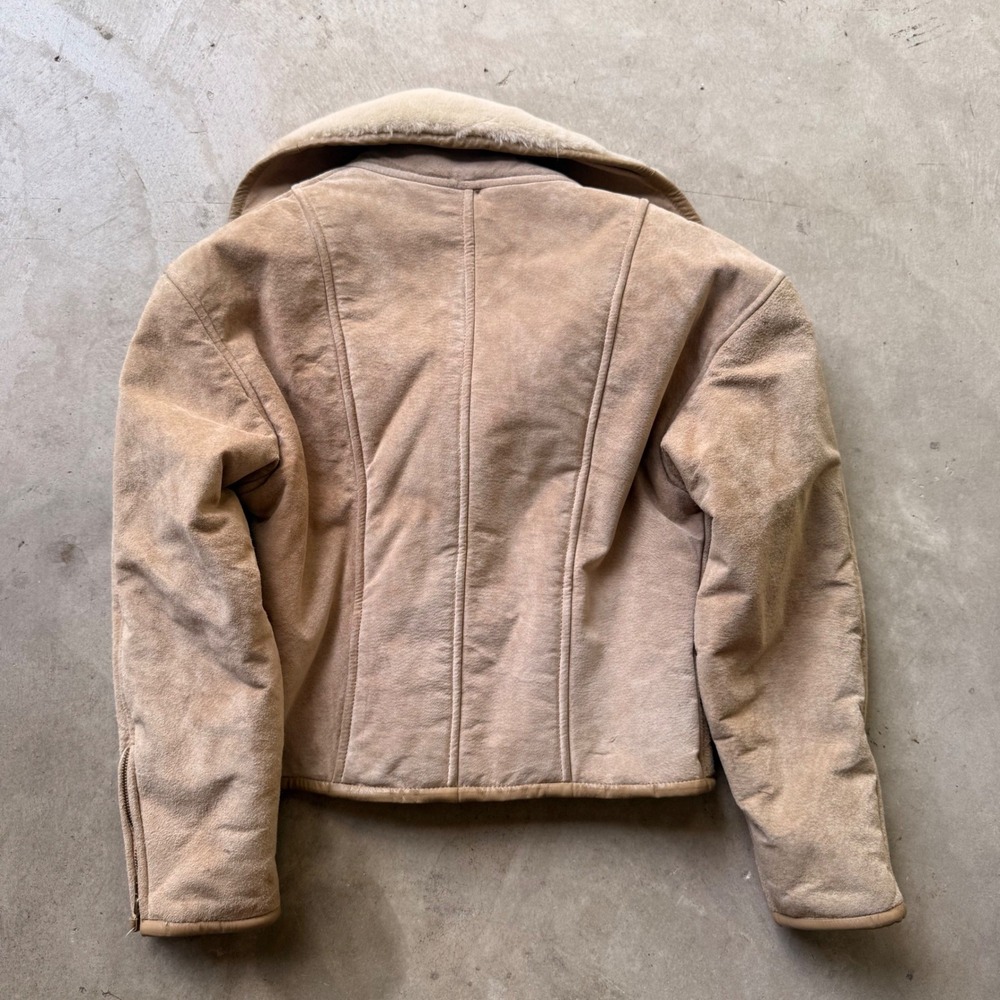 Vintage Tan Faux Suede Shearling Aviator Jacket M Cream Fur Collar Zip Up Coat - Picture 6 of 7